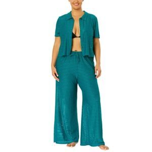 Hurley Women's XL Wide Leg Mesh Swim Cover Up Pant + Button Up Top Set Green NWT